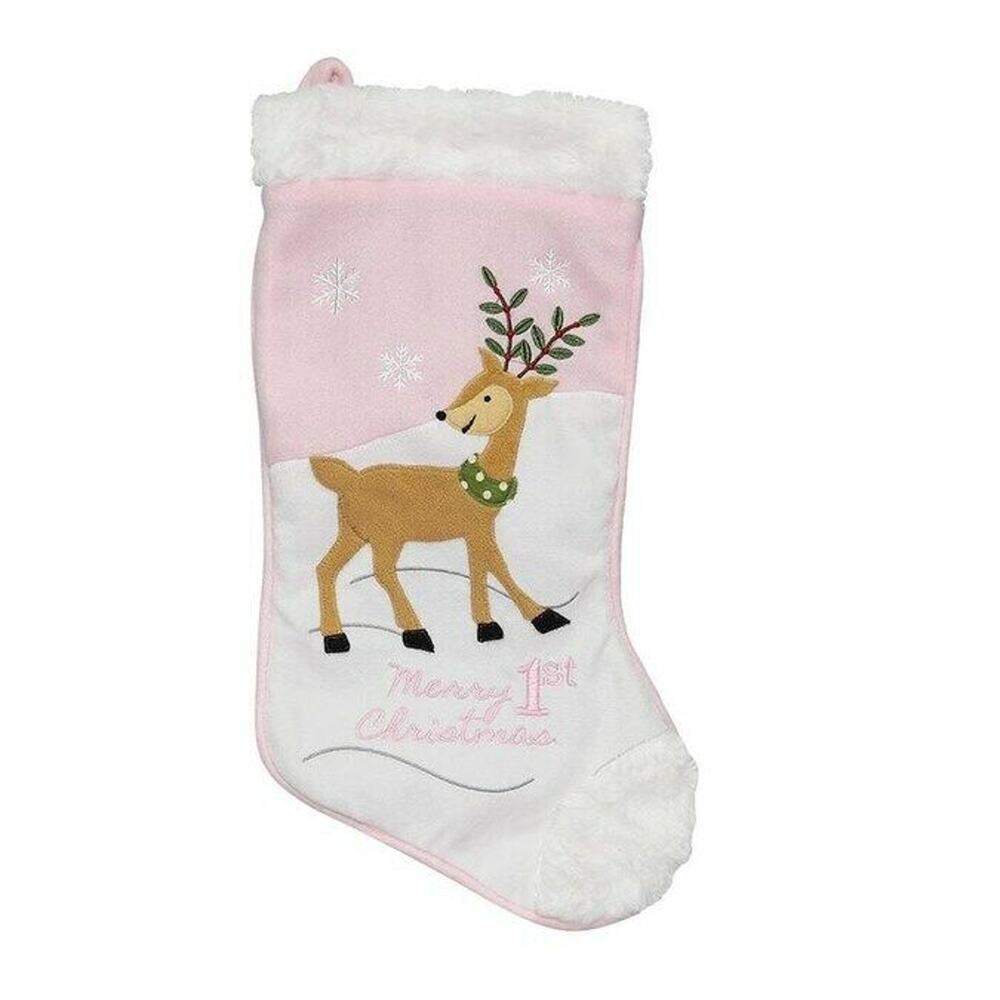 Holiday Living Pink Merry 1st Christmas Baby Deer 17" Velvet Christmas Stocking